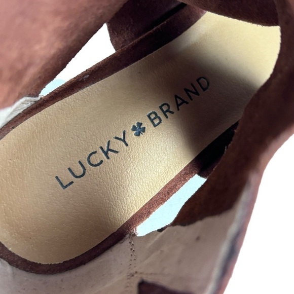 LUCKY BRAND TAMMANEE RYE BROWN SUEDE TWIST WEDGE HEEL SANDAL - Picture 12 of 12